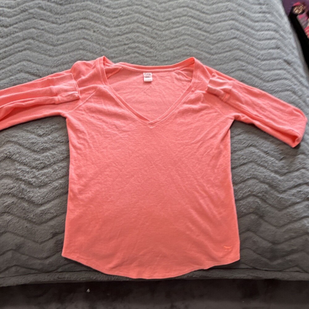 PINK Victoria's Secret Pink V-Neck Sleepshirt 3/4 Sleeve Dog Logo Size L